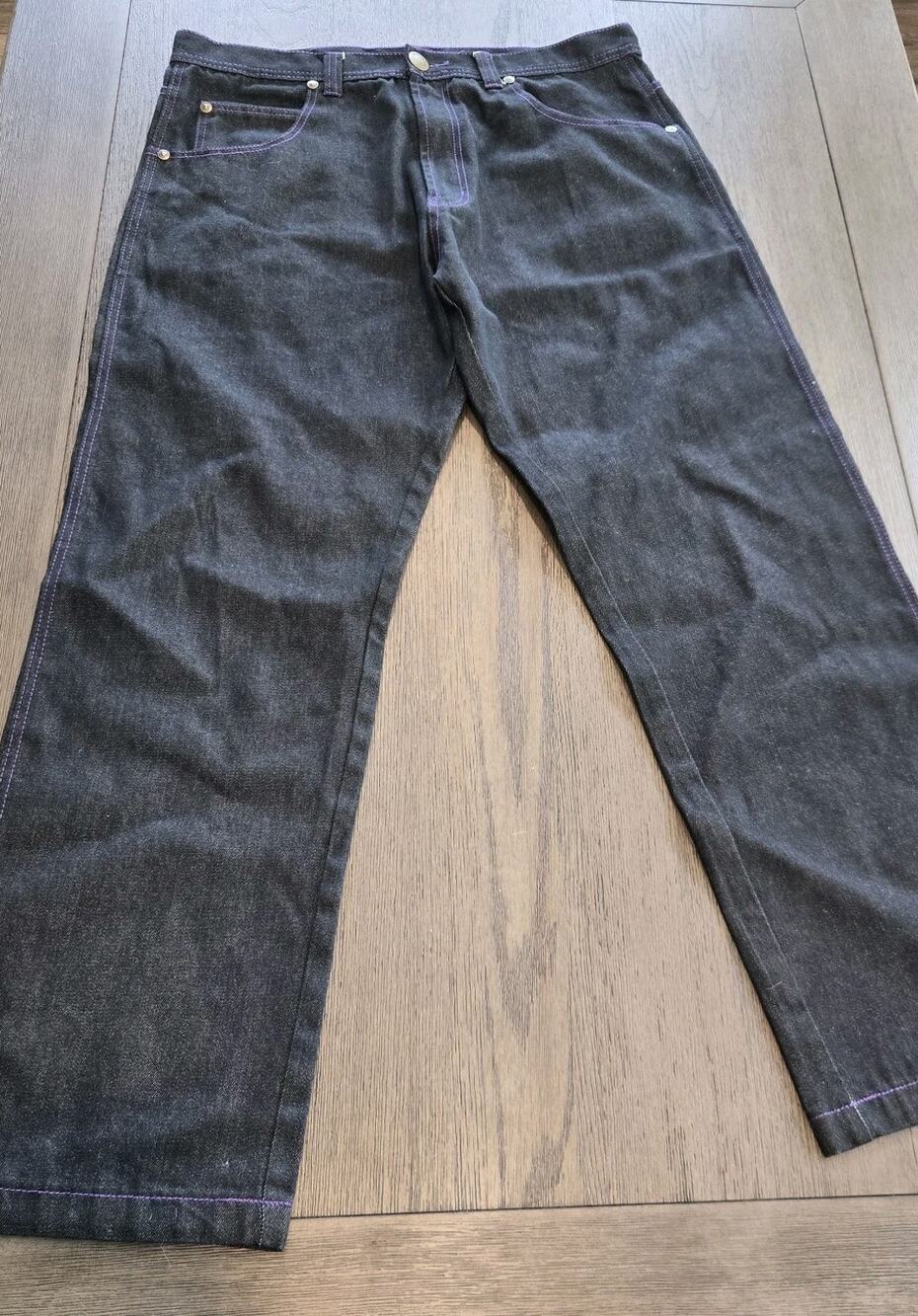 Richkidjeans Mens Black Denim Jeans 40x34 Purple Stitch Y2K Baggy Loose...